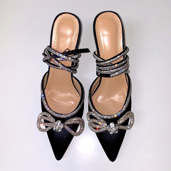 Black Jeweled Ankle Tie Heels - Picture 2 of 14
